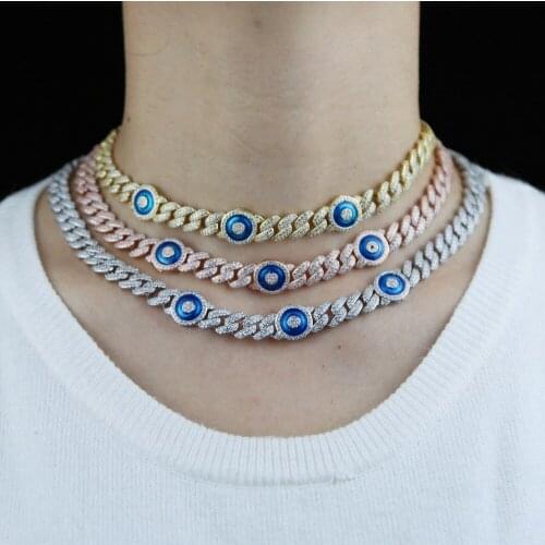 Hip Hop 5A CZ Stone Paved Cuban Chain Choker Necklace Iced Out enamel blue eye Pendant Necklace for Women Jewelry Drop Shipping