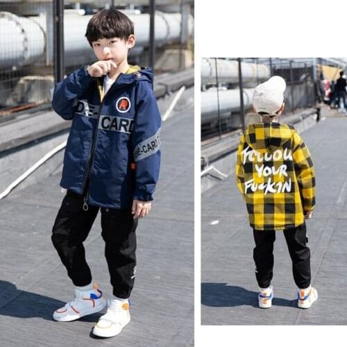 Spring Hooded Plaid Coat Boy New 2021 Korean Version Double-Sided Cotton Fashion Jacket Mid-Length Casual Slim Children Outwear