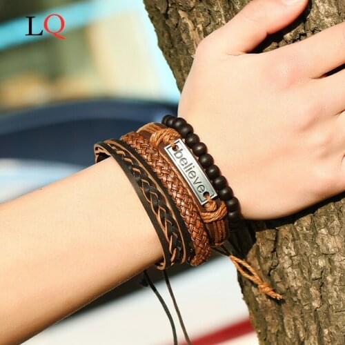 Vintage Leaf Feather Multilayer Leather bracelet men bangles fashion sproty Chain link male charm bracelet with 4 laps Male Gift