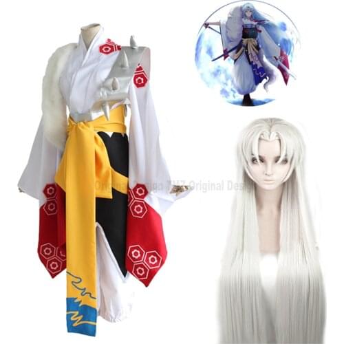 Japan Anime Inuyasha Sesshomaru Cosplay Costume Mask Kimono Wig Hair Style Costumes Silver Wigs Halloween Party
