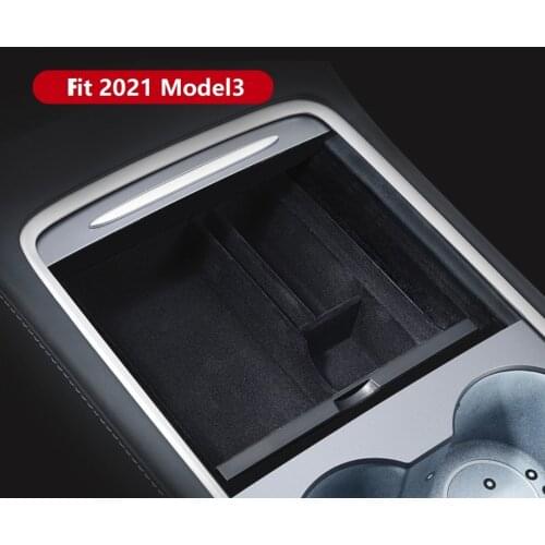 Car Armrest Box Storage Organizer Containers Center Console Flocking Storage Box Console Holder For Tesla Model 3 Y 2021