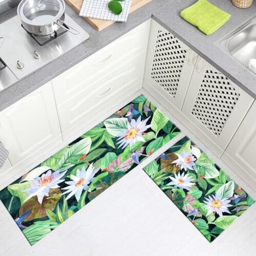 Green Leaves White Floral Rug Kitchen Mat Plant Printed Floor Mat Long Doormat For Front Door Bathroom Mat Small Rug Non-slip