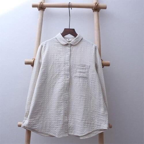 2021 Spring New Arts Style Women Long Sleeve Loose Blouse Femme Tops 100% Cotton Peter Pan Collar Print Casual Shirts V205