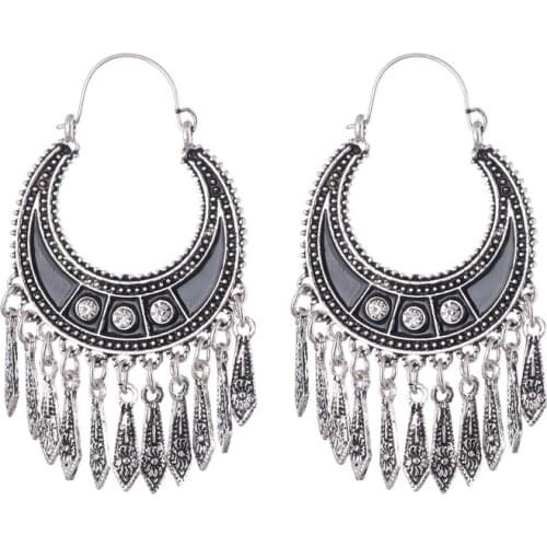 LOVBEAFAS Fashion Ethnic Gypsy Boho Long Drop Earrings For Women Antique Silver Plated Black Enamel Tassel Big Vintage Earrings