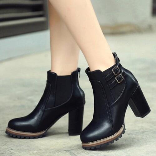 Retro Women Ladies Thick Waterproof High Heel Short Boots Zipper Ankle Boots Single Shoes Solid Color Buckle High Heels Botas