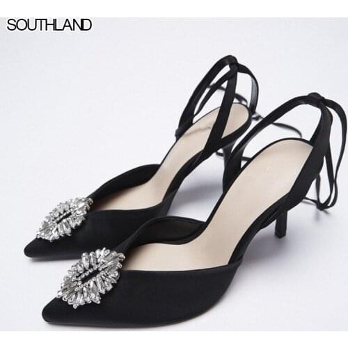 SOUTHLAND Pointed Toe Rhinestone High Heel Shoes For Women 2021 Summer Stiletto Heel Single-heeled Back Lace up Slingbanks Shoes