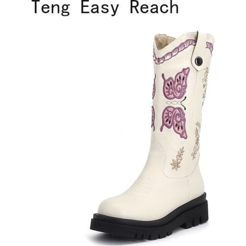 Womens High Boots Black Embroidered Knee High Boots Women Sexy Round Toe Square Heels Shoes Zapatos De Mujer