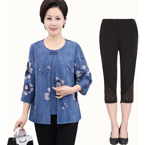 Two Pieces outfits Women O-neck T Shirt 2020 Spring Summer New Fashion Plus Size Tee matching Mother Floral Tops and pants