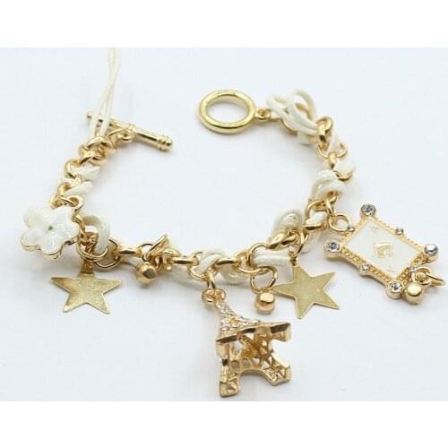 Women Flowers Stars Hearts Paris Eiffel Tower Crown Poker Cute Bangle Leather Rope Chain Bracelet Good Gift for Girls