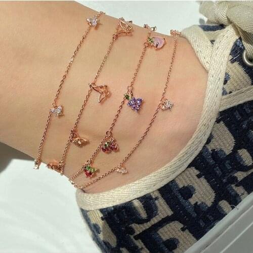 2021 New Lovely Fruit Anklet Jewelry Gold Silver Color Cute Small Cherry Grape Apple Strawberry Cz Anklets For Women Jewelry