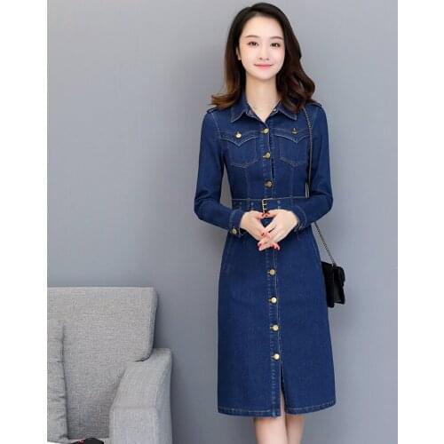 Denim Dress Women Spring Autumn Temperament Fashion Square Collar Slim Single-breasted Long-sleeved Denim Vestidos Womens Z818