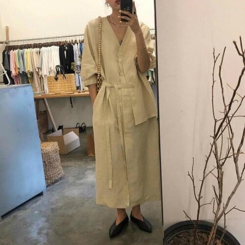 Women Spring Cotton V Neck Lacing Long Shirt Dress Loose Straight Brief Solid Color Casual Dresses with Buttons
