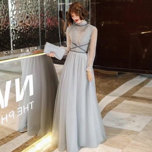 Banquet Evening Dress Female 2020 New Long Prom Dresses High Neck Long Sleeves Gray Vestido De Fiesta Elegant Party Gowns