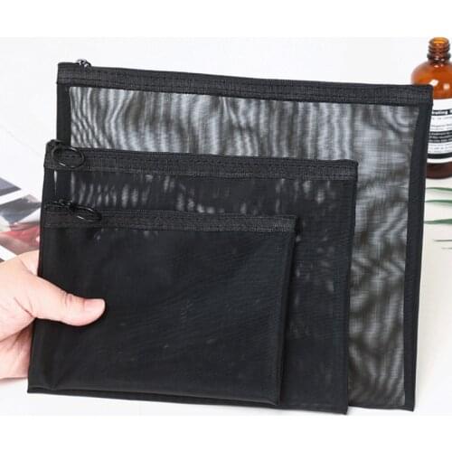 1Pcs Women Cosmetic Bag Black Mesh With Zipper Travel Casual Make Up Case Organizer Makeup Storage Toiletry Beauty Wash Kit Bags