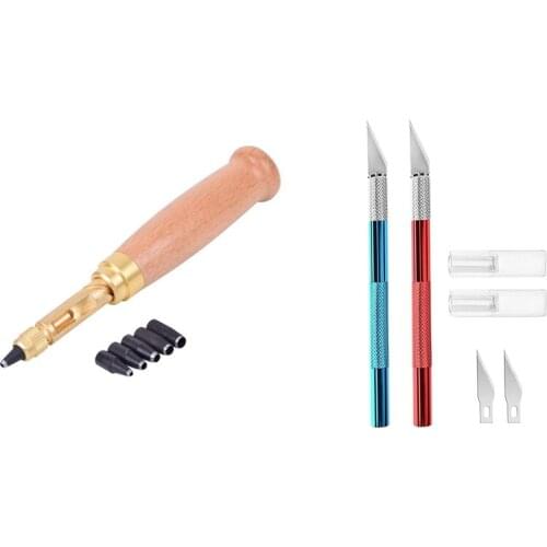 6 Tip Sizes 1.5mm, 2mm, 2.5mm, 3mm, 3.5mm, 4mm Screw Hole Punch/Auto Leather Tool with 2 Pcs Leather Carving Knives Promotion