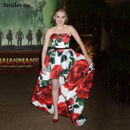 Smileven Prom Gowns Rose Flowers printing Formal Party Dress With Sash High Low Arabic Robe De Soiree Strapless Evening Gowns