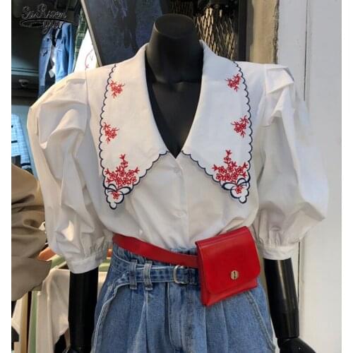 Korean Floral Embroidery Turn Down Collar Blusa Sweet Puff Half Sleeve Women Shirt 2021 Spring Summer Short Blouse Tops 14172