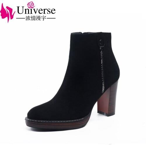 Leisure Real Kid Suede Plus Size 34-41 Ankle Boots Zip Universe Handmade Women Winter Boots Black Heels 9cm/3.54" Warm Shoe H186