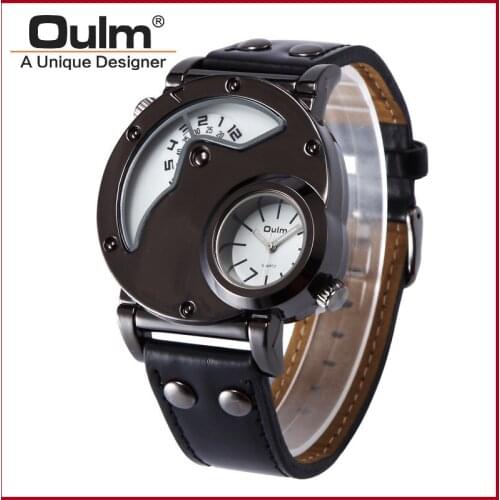 OULM 9591 Mens Watches Top Brand High Quality Dual Time Japan Movt Quartz Leather Strap 2018 Relogio Masculino Original Marca