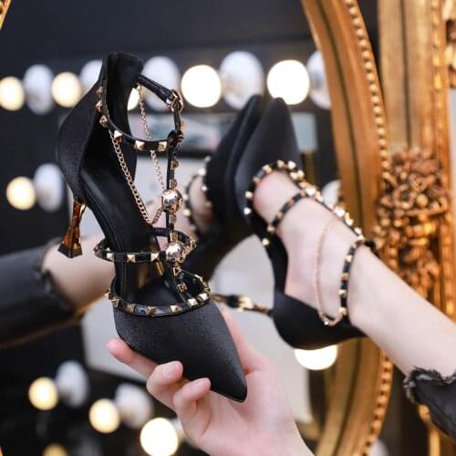 Design dress sandals women pumps female fairy style with skirt cherry 2020 summer new black high heels with thin rivets shoes