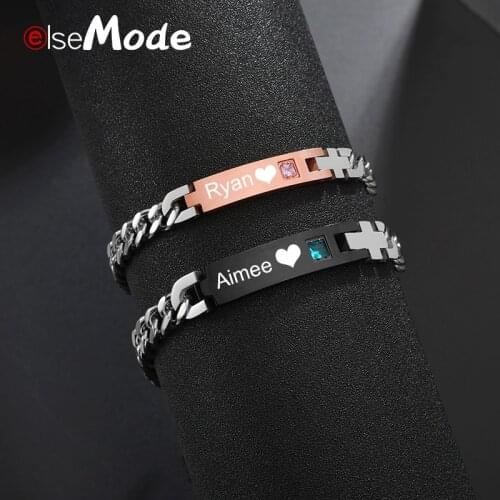 ELSEMODE Personalized Engrave Lovers Zircon Charms Custom Name Cross Bracelets for Men Women Stainless Steel Valentines Jewelry