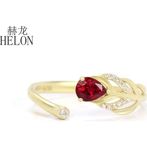 HELON Lady Classic Rings Solid 18K Yellow Gold Genuine Natural Ruby & Diamond Wedding Ring For Women Engagement Jewelry Gift