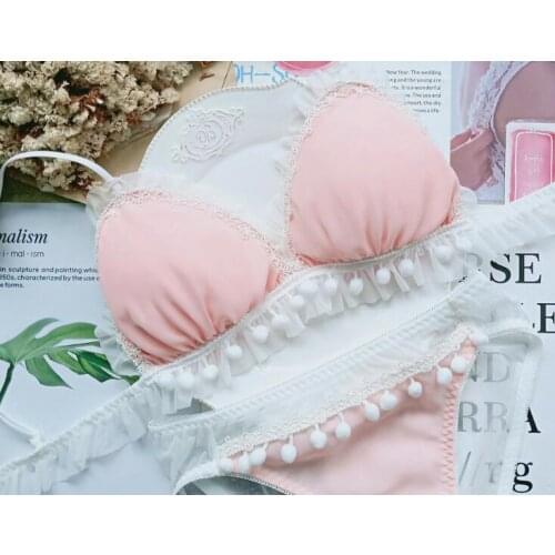 100% Real Photos Lolita Sexy Cute Kawaii Princess SexyWool Ball Chiffon Padded Wireless wire free Seamless Bra Panties Set RB479