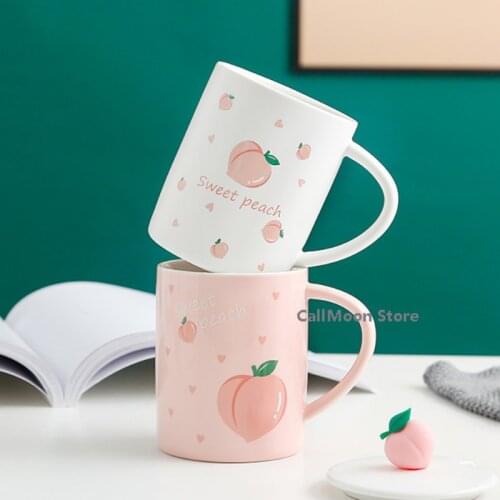 Ins Ceramic Cup Student 301-400ML Cute Pink Kawaii Peach Mug Korean Style Cartoon Mug with Lid and Spoon Milk Water Coffee Cup
