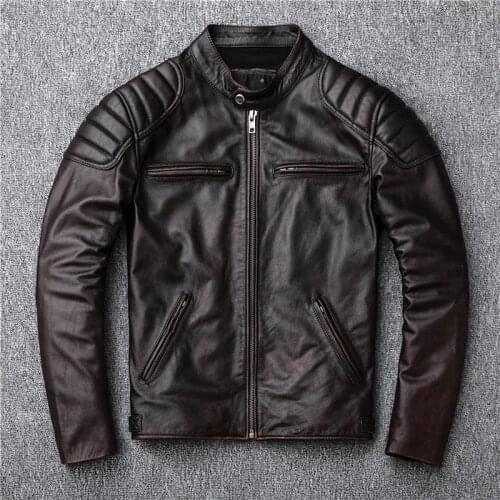 Free shipping,Brand vintage genuine leather jacket.mens brown motor biker cowhide coat.slim plus size jackets.outwear sales