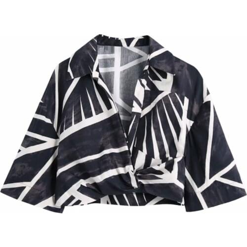 Summer Women Turndown Collar Cross Printed Short Blouse Female Half Sleeve Loose Shirt Casual Lady Crop Tops Blusas S8886