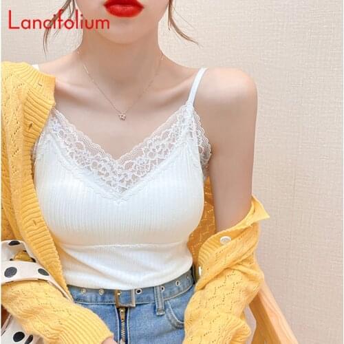 2000s Aesthetic White Lace Patchwork Modal Camisole Tank V Neck Black Indie Sleeveless Chest Pad Tube Sexy Cami Tops Women 2021