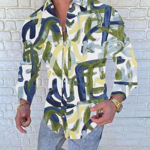 Mens Long-Sleeved Shirt Summer Casual Outdoors Beach Striped Wave Print Top Spring Autumn Cotton Botton Male T-shirt Shirt Mans