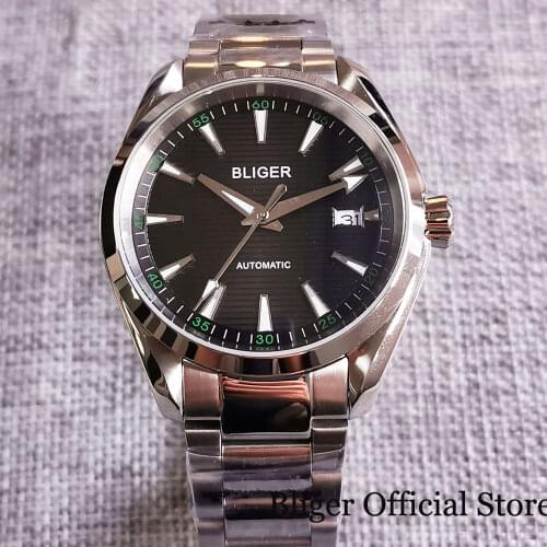 BLIGER Brand 40mm Mechanical Men Watch 24 Jewels NH35A Steel Bracelet Seeing Glass Backcover Screwdown Crown