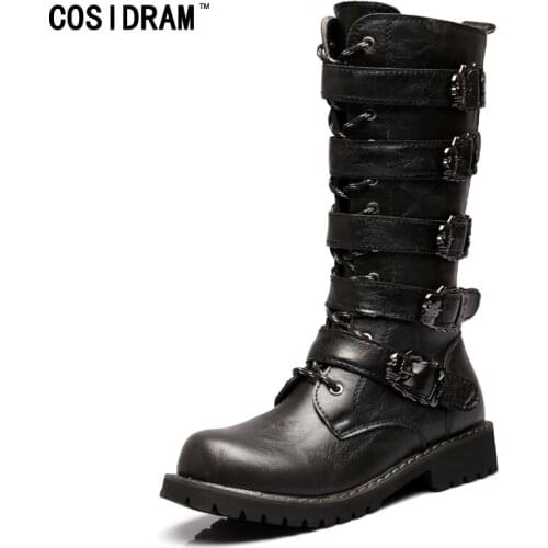 COSIDRAM Mid-Calf Men Motorcycle Boots PU Leather Skull Winter Shoes Male Botas Hombre High top Men Shoes Plus Size 46 BRM-132