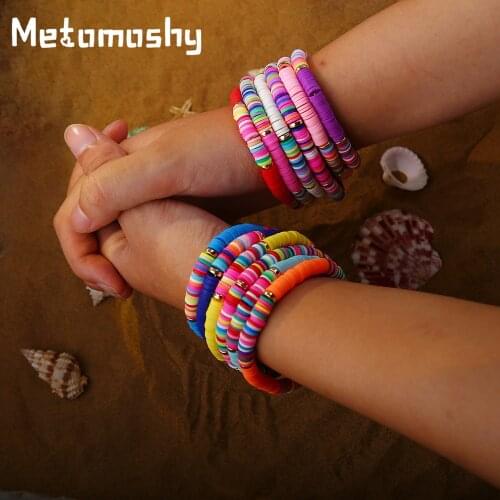 10 Pcs Boho Heishi Bracelet Set Stack Rainbow Vinyl Disc Bead Surfer Stretch Bracelet Friendship Bracelets Summer Beach Jewelry