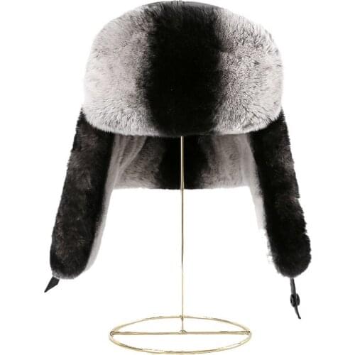 New Thicken Winter Hat for Men Chinchilla Real Rex Rabbit Fur Bomber Cap with Earflap Women Genuine Leather Headwear 5 Colors