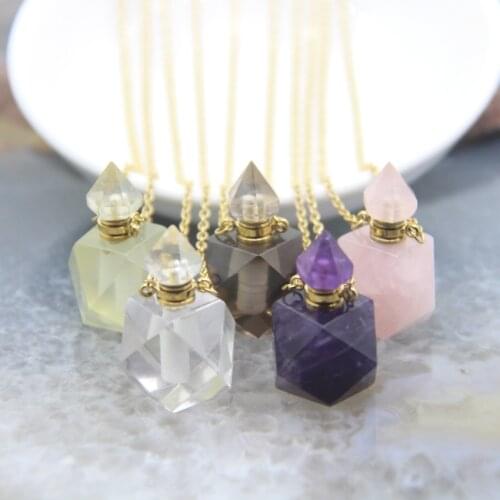 New! Faceted Nugget Perfume Bottle Pendant Necklaces,Natural Crystal Quartz Essential Oil Diffuser Vial Charms Women Jewelry