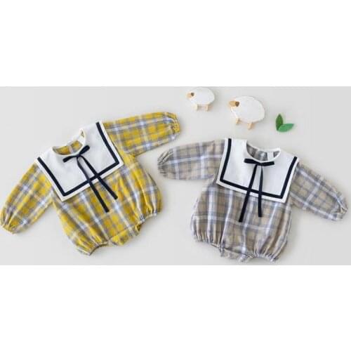 2021 Autumn New Baby Long Sleeve Clothes Plaid Print Boys Bodysuit Infant Girls Jumpsuit With Bow Cotton Toddler Outfits