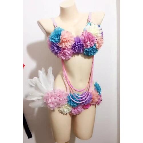 New Multicolour Petal Feathers Bikinis Female Costume Bodysuit Bra Singer Dancer Costume Nightclub Stage Wear Performance Prom