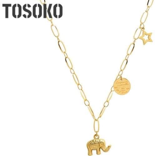 TOSOKO Stainless Steel Jewelry Elephant Pentagram Geometric English Round Brand Necklace Womens Fashion Clavicle Chain BSP890