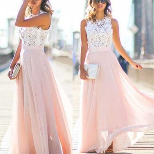 Custom Made Simple White Lace Top Pink Chiffon Wedding Guest Dress Bridesmaid Dresses