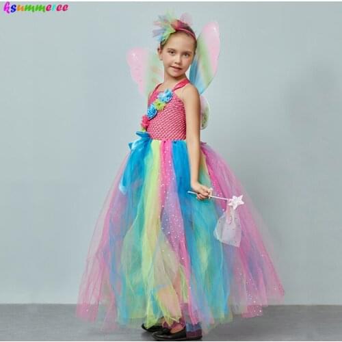 Rainbow Fairy Girls Tutu Dress with Wings Glitter Tulle Butterfly Princess Kids Flower Dress Birthday Party Pageant Costume