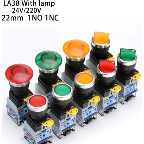 LA38-11XD/2 Button switch with light 22 self locking reset flat head inching switch 24 220 V red green start mushroom knob