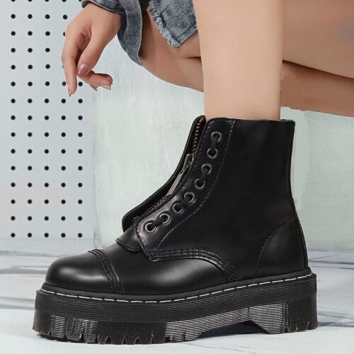 Size35-41 Chunky Motorcycle Boots For Women Autumn 2021 Fashion Round Toe Lace-up Combat Boots Ladies Shoes