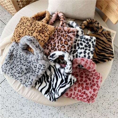 2019 New Women Winter Faux Fur Shoulder Bag Handbag lady Leopard print Handbag Female Party Small Girls Tote Bag Christmas Gift
