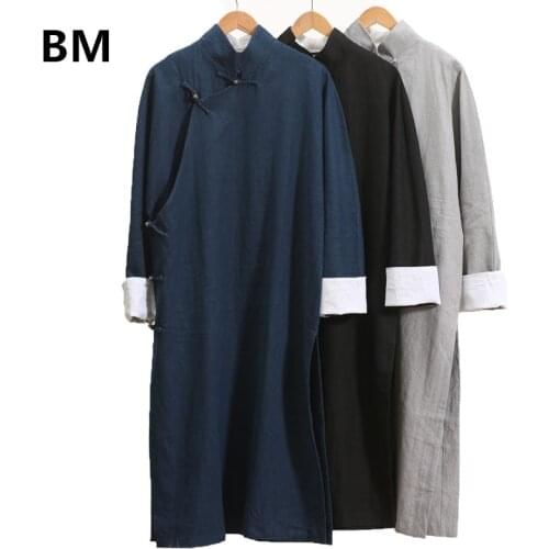 Mens Trench Coat Spring Autumn Long Jacket Kung Fu Linen Overcoat Vintage Chinese Style Long Robe