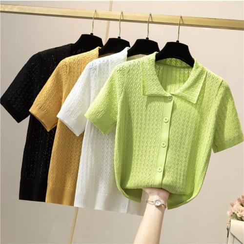 Knitting Womens Ribbed Button Up Polo Shirt Female Chic Solid Short Sleeve Green Top Hollow Out Tees Purple Clothing