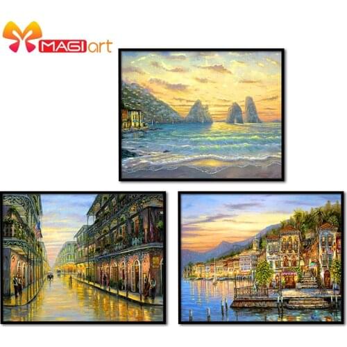 Cross stitch kits Embroidery needlework sets 11CT water soluble canvas patterns 14CT Landscape painting Sunset in town-NCMS032