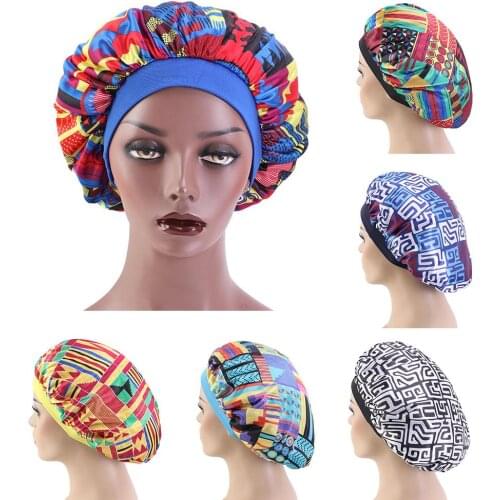 Women African Floral Satin Night Sleep Bath Cap Bonnet Hair Care Hat Head Wrap Hairdressing cap Hair styling accessories