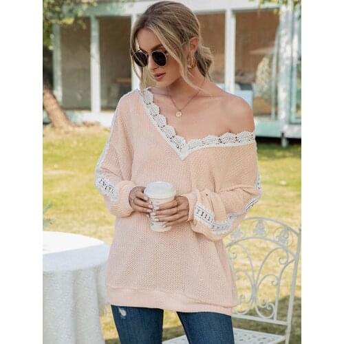 Women Long Sleeve V-Neck Inclined Shoulder T-Shirt Solid Color Lace Stitching Waffle Knit Sweatshirt Loose Casual Female Tops
